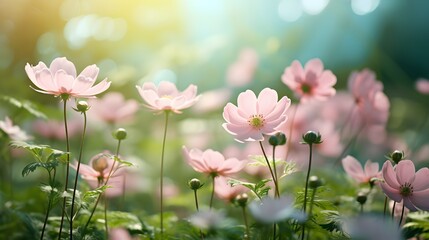 Fototapeta premium Delicate pink cosmos flowers bloom with grace, basking in the warm, golden sunlight filtering through a soft-focus green backdrop.