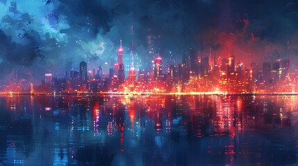 An impressionistic view of a bustling futuristic cityscape at night, reflected beautifully across calm water with vibrant red and blue lights, Digital art style, illustration painting.