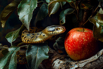 Original Sin: Serpent in Apple Tree Beside Red Apple - Symbolism of Temptation and Fall from Grace captured in stunning image © Outsiderzone