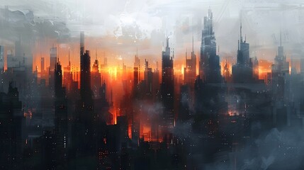 Fototapeta premium An abstract, dystopian cityscape emerges through a smoky haze, with the fiery glow of dawn casting silhouettes of skyscrapers into sharp relief, Digital art style, illustration painting.