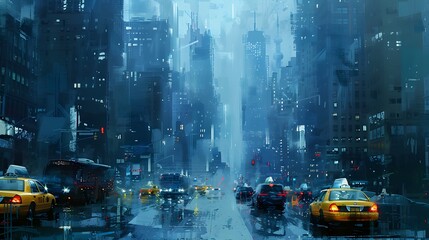 A cyberpunk city comes to life on a rainy night, with neon lights reflecting off wet streets crowded with taxis and glowing skyscrapers, Digital art style, illustration painting.