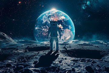 Exploring the Final Frontier: Stunning Space Conquest and Moon Race Concept Image with Astronaut on Lunar Surface and Earth in Background - obrazy, fototapety, plakaty