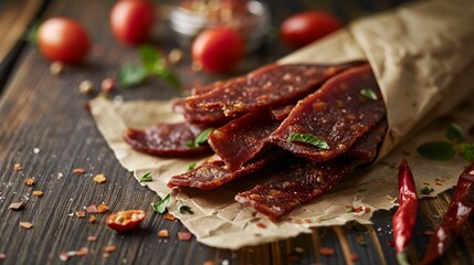 Beef jerky in a paper package against a background of tomatoes and peppers, emphasizing the spiciness and piquancy of the dried meat product