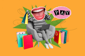 Collage headless person sitting armchair laptop internet store remote purchase bargain black friday...