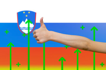 Slovenia flag with green up arrows, increasing values and improving economy, upward rising arrow 