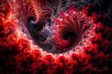 Infinite Reproductive Red Fractal Pattern on Black Background: A Visual Exploration of Mandelbrot's Influence