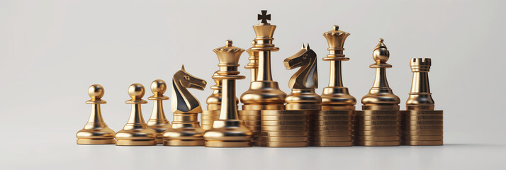 These golden chess pieces set on a stacked row of coins represent strategy, investment, finance management, and competitive business