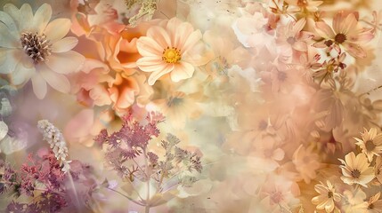 Rustic flower mix, watercolor style, soft and dreamy palette, randomly arranged, top perspective