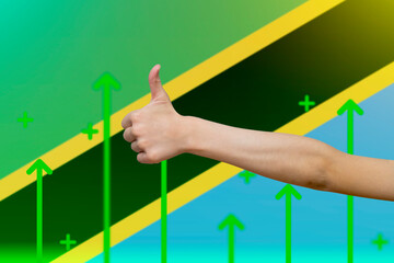 Tanzania flag with green up arrows, country statistics concept, upward rising arrow on data