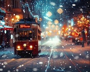 An abstract blurred background of a city on Christmas Eve, perfect for a snowfall Christmas greeting card, featuring a vintage view of a tram and old street decorated with lights