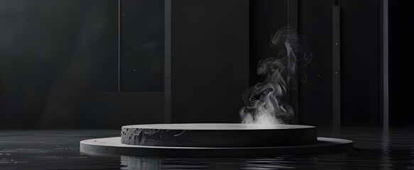 Product Presentation Mockup, Abstract Design, Luxury Display - Dark Background with Granite Podium on Water and Smoke (3D Rendering)
