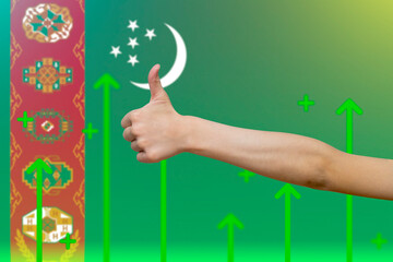 Turkmenistan flag with green up arrows,  finger thumbs up front of Turkmenistan flag, increasing 