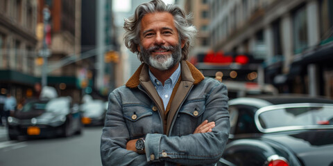 A confident, elegant businessman stands with a happy smile, exuding success and professionalism outdoors