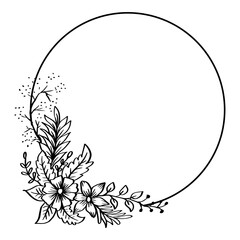 Round frame with flower design elements. Black and white