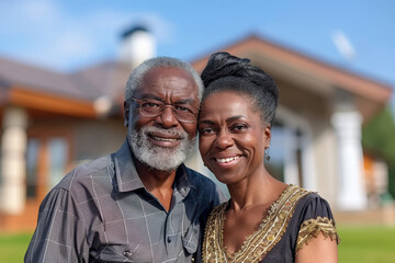 Obraz premium Elderly couple standing in the yard, embracing and smiling happily, enjoying their retired lifestyle