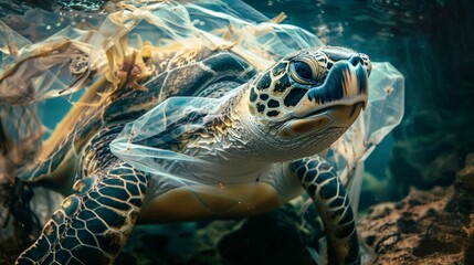 Fototapeta premium A heartbreaking image of a sea turtle entangled in a plastic bag, symbolizing the devastating impact of plastic pollution on marine life 
