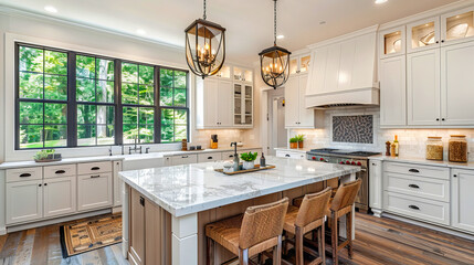 Fototapeta premium Classic kitchen with creamy white cabinets, marble island, and black-framed windows overlooking greenery.