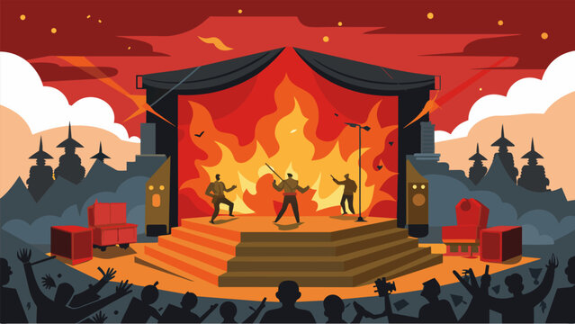 The set transforms into a orn battlefield with smoke and rubble littering the stage as soldiers fight for their lives and their country.. Vector illustration