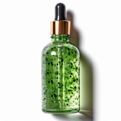 An organic green serum bottle with a pipette, offering natural beauty and skincare therapy
