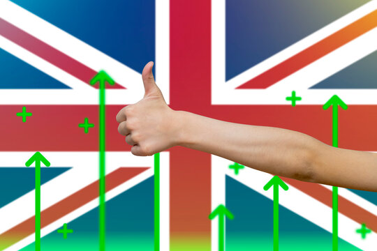 United Kingdom flag with green up arrows,  finger thumbs up front of United Kingdom flag, country 