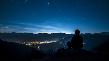 The man sits on the edge of the mountain and looks at the vast mountains under the starry sky