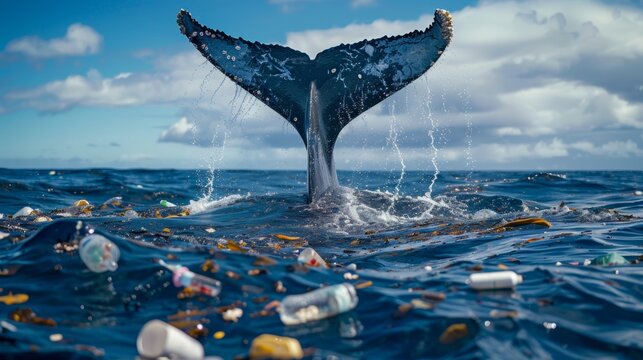 A majestic whale tail breaching the ocean surface, surrounded by floating plastic waste, urging action to protect marine life. - Powered by Adobe