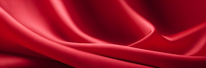 Luxurious red silk satin fabric background. Soft, smooth shiny texture with elegant waves and folds.