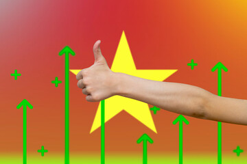 Vietnam flag with green up arrows,  finger thumbs up front of Vietnam flag, upward rising arrow 