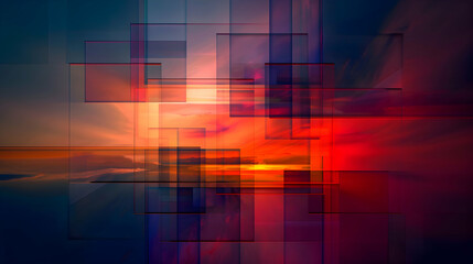 A high-quality photographic representation of a geometric arrangement with squares and rectangles, featuring a gradient transition from twilight blues to fiery sunset red