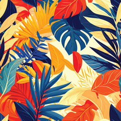 a seamless pattern colorful background of tropical flowers and leaves.	