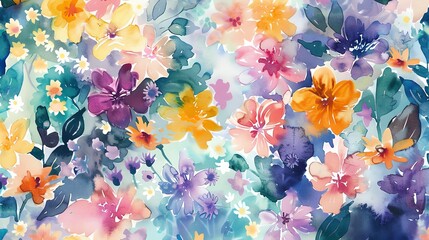 Watercolor painting of a vibrant mixed floral pattern, delicate brushstrokes, birdseye view
