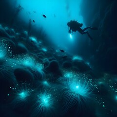 Fototapeta premium Scuba diving in dark cave with glowing lights. 3D rendering generated by ai