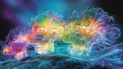 Colorful Brain Illustration with Dynamic Light Particles and Waves