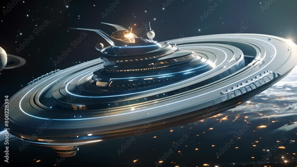Wall mural a spaceship is flying in space with a planet in the background. the spaceship is shaped like a circl