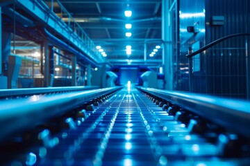 Futuristic blue lit industrial factory equipment on conveyor line with industry background toned
