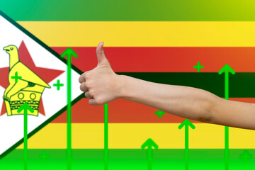 Zimbabwe flag with green up arrows, increasing values and improving economy,  finger thumbs up 