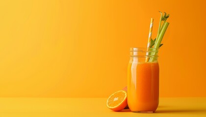 Detoxifying organic vegetable smoothie in a jar on a yellow background symbolizing summer and promoting a healthy alkaline diet