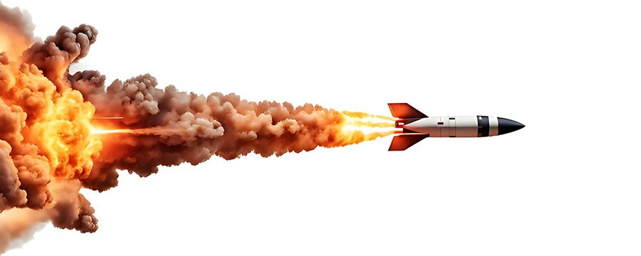  A missile rocket with fire trail isolated on white background. 