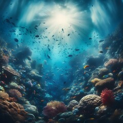 Fototapeta premium Underwater scene with fish, corals and rays of light generated by ai