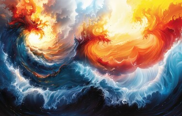 Dynamic Abstract Artwork: Mesmerizing Whirls of Aqua, Orange, and Yellow Merge in a Serene Oceanic Symphony，4k wallpaper