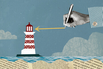Composite photo collage of hand draw pen arrow lighthouse tower sea mountain illuminating architect...