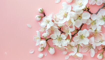 Empty place on pastel table background with fresh white cherry blossoms Flat lay for inspirational text or lovely quote Closeup