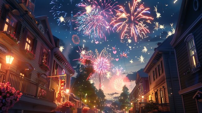 A vibrant Independence Day celebration in a small town, fireworks exploding overhead in 3D clipart style, lowangle view