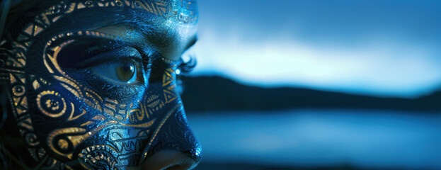 Artistic painted mask-like face with golden patterns on a woman, for Maori New Year, banner, copy space