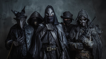 Naklejka premium Group of individuals in dark, mysterious cloaks and hoods, standing together like a secretive brotherhood.