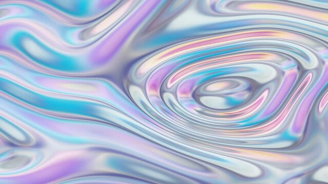 Abstract fluid texture of swirling liquid chrome metal waves with motion light effect. Seamless looping video. 4k psychedelic hypnotic graphics dynamic iridescent holographic background