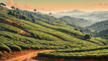 Minimalistic flat tea plantations on rolling hillsides.