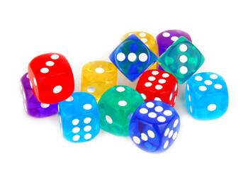close up of color dice isolated on white background