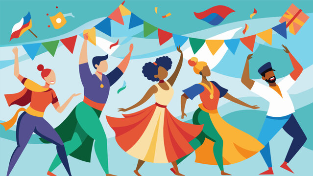Amidst a sea of colorful flags and banners dancers of all ages and ethnicities move gracefully showcasing the richness of multicultural dance.. Vector illustration