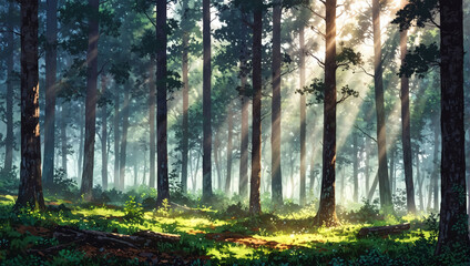 Misty forest with sunlight filtering through the trees.